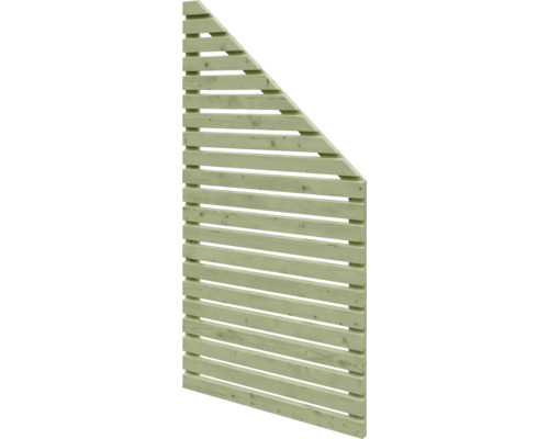 Schräges Sichtschutzelement aus Holz mit waagerechten Lamellen.