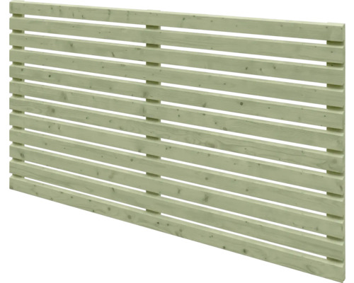 Horizontaler Sichtschutzzaun aus druckimprägniertem Holz mit schmalen Lamellen.