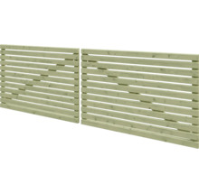 Gartenzaun aus druckimprägniertem Holz mit horizontalen Lamellen und rückseitiger Diagonalverstrebung.