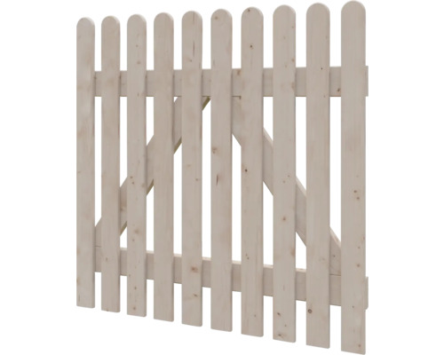 Gartentor aus Holz mit abgerundeten Latten und diagonaler Verstrebung.