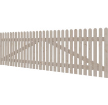Lattenzaun aus Holz mit abgerundeten Köpfen und diagonaler Verstrebung.