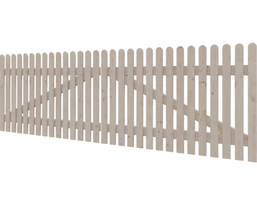 Lattenzaun aus Holz mit abgerundeten Köpfen und diagonaler Verstrebung.