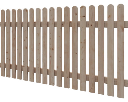 Lattenzaun aus Holz mit oben abgerundeten Zaunlatten und zwei horizontalen Querriegeln.