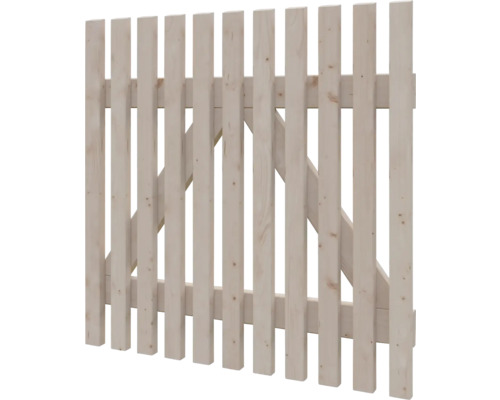 Zauntor aus Holz mit vertikalen Latten und diagonaler Verstrebung für den Garten.