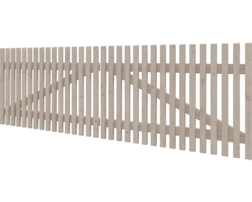 Zweiteiliger Lattenzaun aus hellem Holz mit diagonaler Verstärkung.
