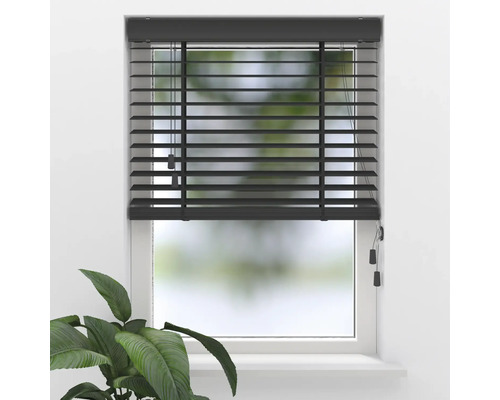 Jalousie aus Holz in Anthrazit an einem Fenster mit weißem Rahmen und einer Pflanze im Vordergrund.