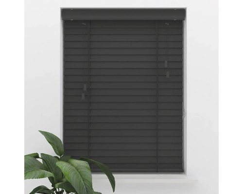 Dunkelgraue Holzjalousie mit breiten Lamellen, montiert in einem Fensterrahmen, mit einer Zimmerpflanze im Vordergrund.