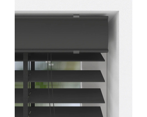 Dunkelgraue Holzjalousie mit breiten Lamellen und passender Blende.