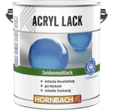 Hornbach Acryllack seidenmatt, gut deckend und schnell trocknend. Blauer Engel Umweltsiegel und Hornbach Logo.