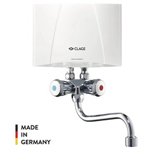 Clage Kleindurchlauferhitzer mit Zwei-Griff-Armatur und gebogenem Auslauf. Hergestellt in Deutschland.