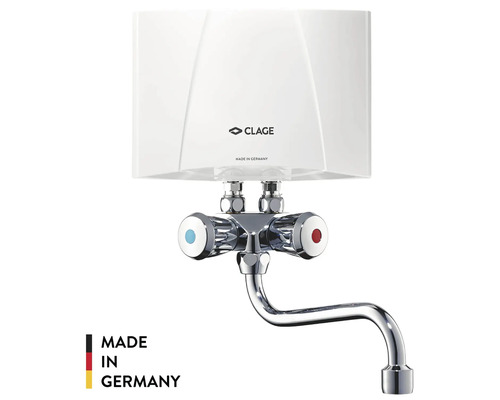 Clage Kleindurchlauferhitzer mit Zwei-Griff-Armatur und gebogenem Auslauf. Hergestellt in Deutschland.