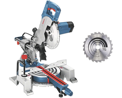 Bosch Kapp- und Gehrungssäge inklusive zusätzlichem Kreissägeblatt für präzise Schnitte in Holz.