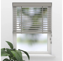 Jalousie mit horizontalen Lamellen an einem Fenster montiert, inklusive Zugschnüren und Zimmerpflanze im Vordergrund.