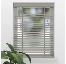 Aluminium-Jalousie am Fenster montiert mit horizontalen Lamellen und Zugschnüren.