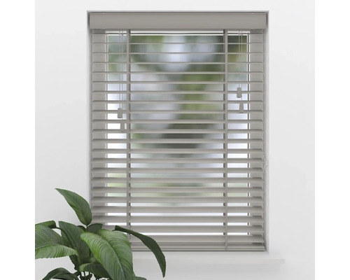 Aluminium-Jalousie am Fenster montiert mit horizontalen Lamellen und Zugschnüren.