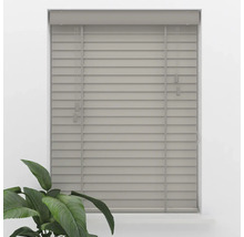 Graue Jalousie mit breiten Leiterbändern im Fensterrahmen, helle und aufgeräumte Atmosphäre mit einer Zimmerpflanze.