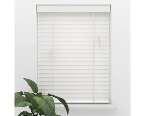 Weiße Jalousie mit horizontalen Lamellen und Leiterbändern, montiert in einem Fensterrahmen.