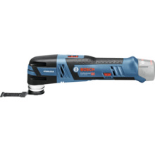 Bosch Professional Akku-Multitool GOP 12 Volt-28 in Blau und Schwarz mit Starlock-Schnittstelle und montiertem Sägeblatt.
