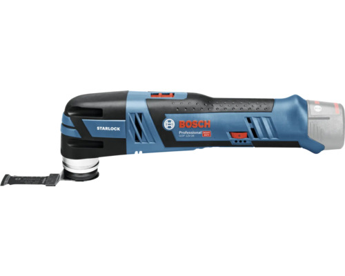 Bosch Professional Akku-Multitool GOP 12 Volt-28 in Blau und Schwarz mit Starlock-Schnittstelle und montiertem Sägeblatt.