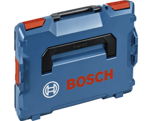 Blauer Bosch Werkzeugkoffer L-Boxx aus Kunststoff mit schwarzen Tragegriffen und roten Schnappverschlüssen.