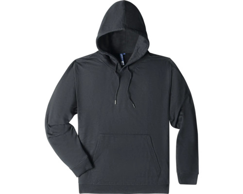Schwarzer Kapuzenpullover mit Kängurutasche und Kordelzug.