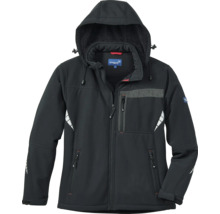 Schwarze Softshell Arbeitsjacke von Scheibler mit Kapuze, mehreren Reißverschlusstaschen und reflektierenden Details.