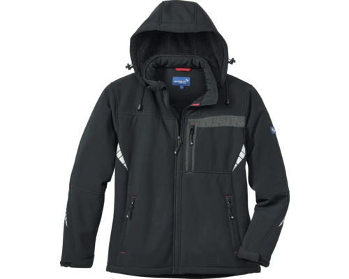 Schwarze Softshell Arbeitsjacke von Scheibler mit Kapuze, mehreren Reißverschlusstaschen und reflektierenden Details.