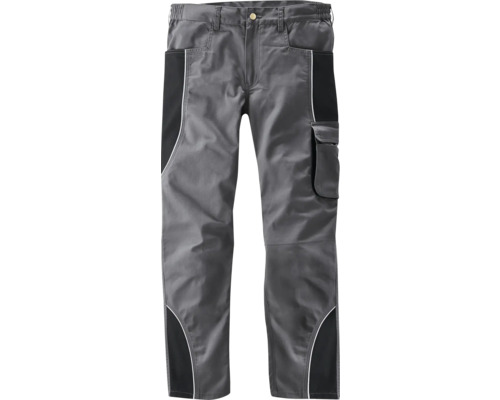 Graue Arbeitshose mit schwarzen Einsätzen, verstärkten Knien, Cargo-Tasche und elastischem Bund.