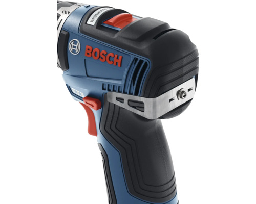 Blauschwarzer Bosch 18 Volt Akkuschrauber mit bürstenlosem Motor, Gürtelclip und Bosch Logo.