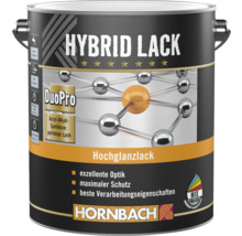 Dose Hornbach Hybrid Lack Hochglanzlack DuoPro mit Acryl-Alkyd-Symbiose, Farbmischcenter-Symbol und Hornbach Logo.