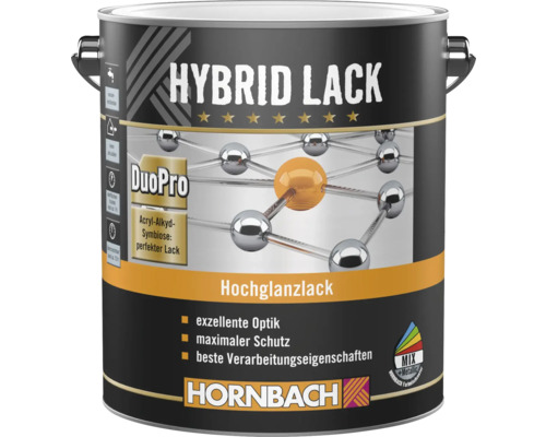 Hornbach Hybrid Lack Hochglanzlack, DuoPro Technologie auf Acryl-Alkyd-Basis, Hornbach Logo.