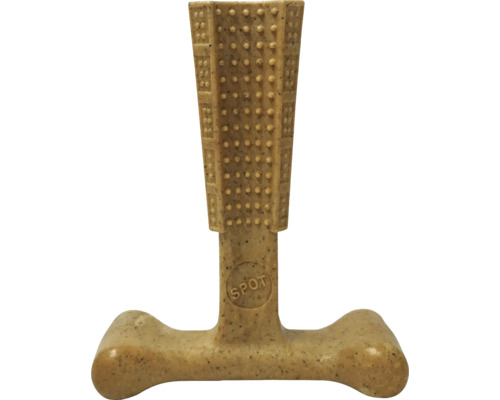 Kauknochen für Hunde in T-Form mit genoppter Oberfläche zur Zahnpflege, beige gesprenkelt, Spot Logo.