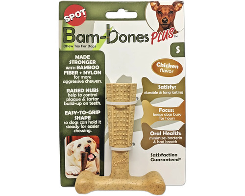 Bam-Bones Plus Hundespielzeug aus Bambusfaser und Nylon mit Noppen und Hühnchengeschmack in Größe S.