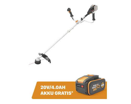 Worx Akku-Sense mit Zweihandgriff und einem gratis 20 Volt 4,0 Amperestunden Akku.