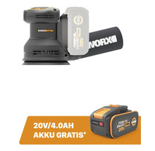 Worx Nitro Akku-Exzenterschleifer mit 20 Volt 4,0 Amperestunden Power Share Pro Akku und Staubbeutel inklusive kostenlosem Zusatzakku.