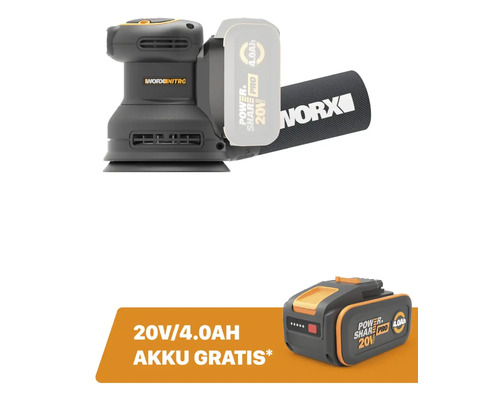 Worx Nitro Akku-Exzenterschleifer mit 20 Volt 4,0 Amperestunden Power Share Pro Akku und Staubbeutel inklusive kostenlosem Zusatzakku.