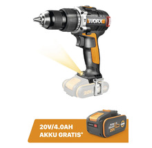 Worx Akku-Schlagbohrschrauber 20 Volt mit LED-Arbeitslicht und gratis 4,0 Amperestunden Akku.