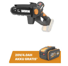 Worx Akku-Gehölzschneider 20 Volt mit 15 Zentimeter Schwertlänge und einem zusätzlichen kostenlosen 20 Volt 4 Amperestunden Akku.