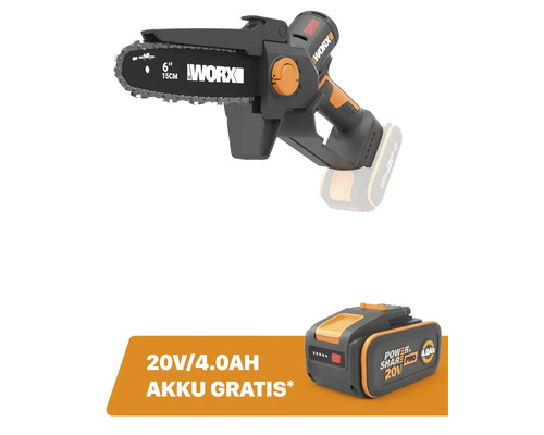Worx Akku-Gehölzschneider 20 Volt mit 15 Zentimeter Schwertlänge und einem zusätzlichen kostenlosen 20 Volt 4 Amperestunden Akku.