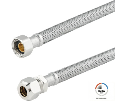 Flexibler Panzerschlauch aus Edelstahl mit DVGW Zertifizierung für Sanitäranschlüsse.