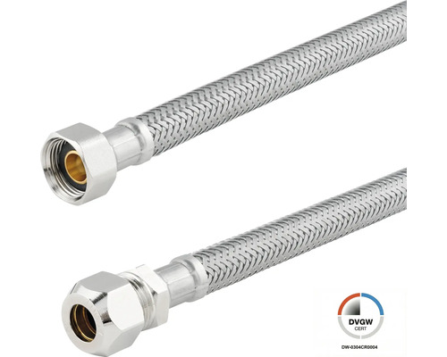 Flexibler Anschlussschlauch aus Edelstahlgeflecht, zertifiziert für Trinkwasserinstallationen.