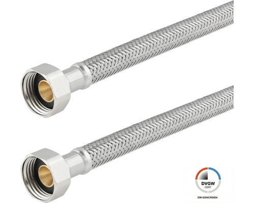 Zwei flexible Panzerschläuche aus geflochtenem Edelstahl mit Überwurfmutter, DVGW-zertifiziert.