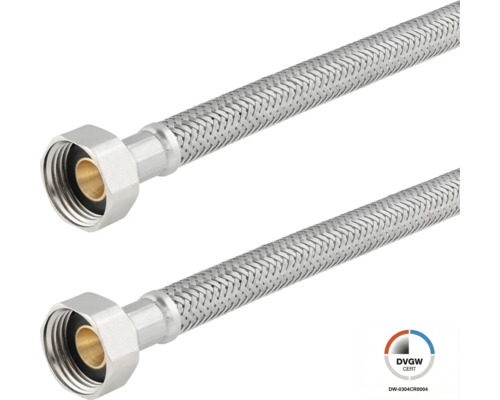 Zwei flexible Panzerschläuche aus Edelstahl mit Überwurfmutter und DVGW-Zertifizierung für den Sanitärbereich.