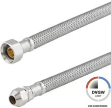 Flexibler Anschlussschlauch aus Edelstahlgeflecht mit DVGW-Zertifizierung für Trinkwasserinstallationen.