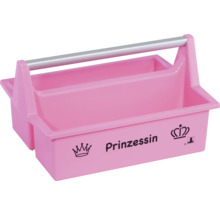 Pinkfarbene Werkzeugtrage aus Kunststoff mit Aluminiumgriff und dem Schriftzug Prinzessin.