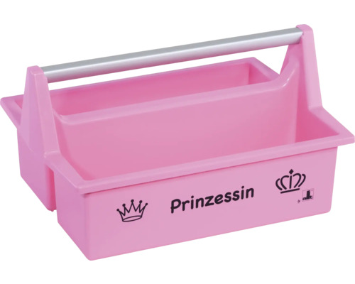 Pinkfarbene Werkzeugtrage aus Kunststoff mit Aluminiumgriff und dem Schriftzug Prinzessin.