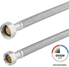 Flexibler Anschlussschlauch aus Edelstahl-Geflecht für Sanitärinstallationen mit DVGW-Prüfzeichen.