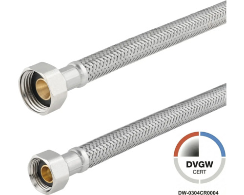 Flexibler Anschlussschlauch aus Edelstahl-Geflecht für Sanitärinstallationen mit DVGW-Prüfzeichen.