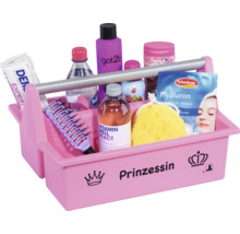 Tragekasten aus Kunststoff in Pink mit silberfarbenem Griff und Aufschrift Prinzessin, gefüllt mit diversen Kosmetikartikeln und Pflegeprodukten.