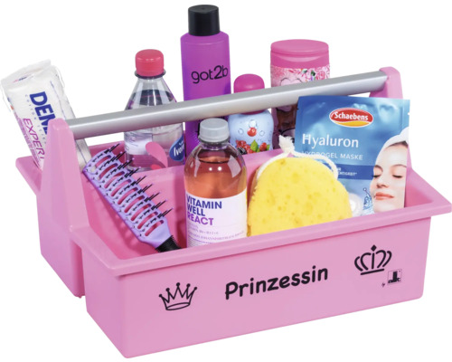 Tragekasten aus Kunststoff in Pink mit silberfarbenem Griff und Aufschrift Prinzessin, gefüllt mit diversen Kosmetikartikeln und Pflegeprodukten.